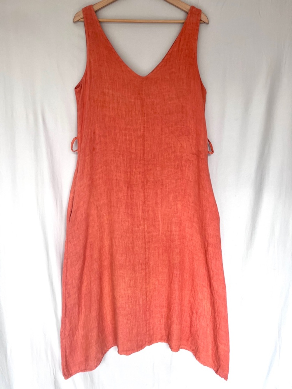 Italian Linen Midi Dress Coral Orange Sleeveless Pockets Relaxed Fit • Size L
